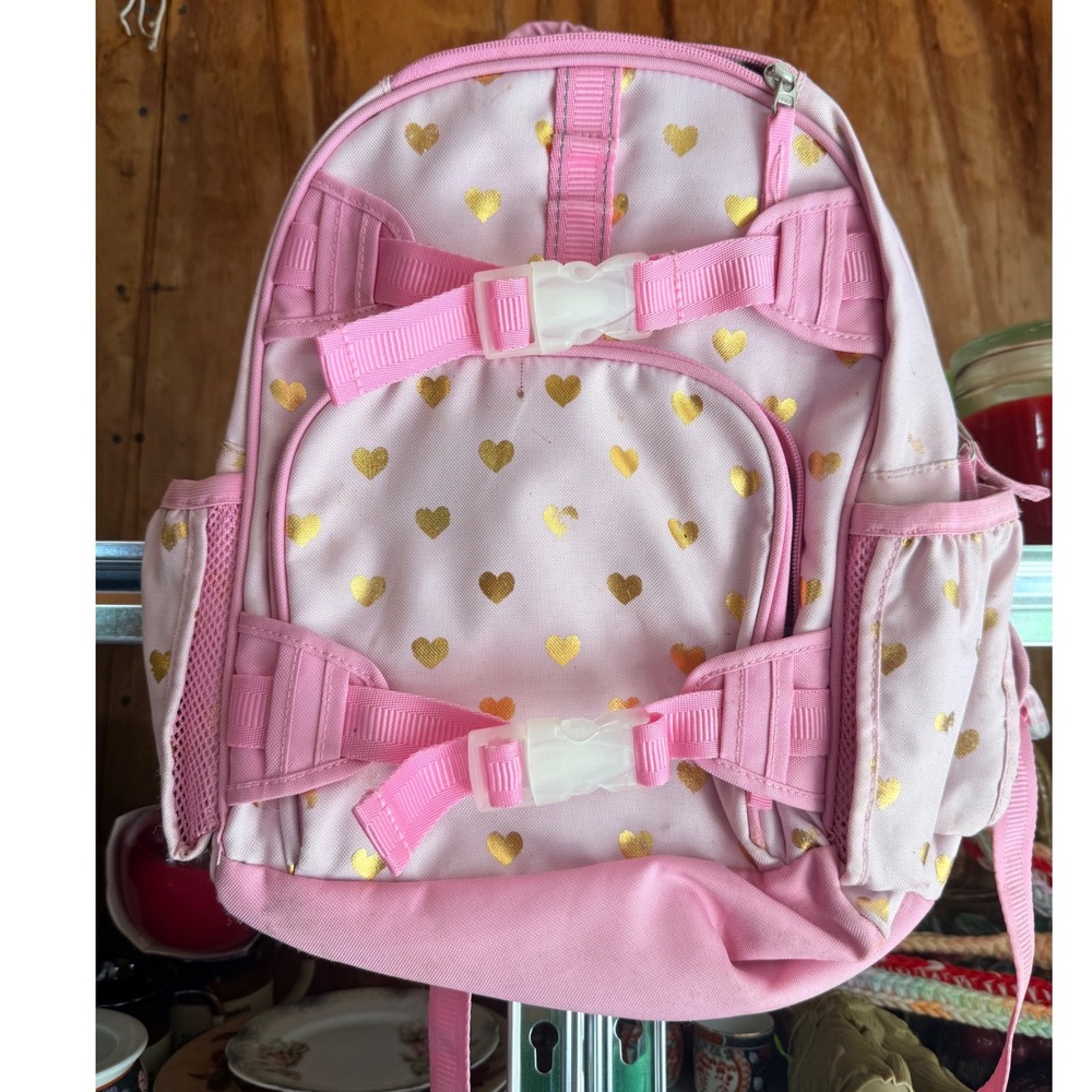 Pottery Barn Kids Mackenzie Pink Gold Heart Backpack School Bag Small 14in